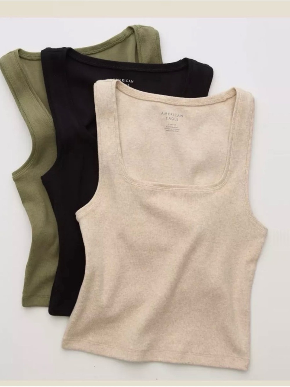 American Eagle Cream Square Neck Ribbed Crop Tank Top Size Medium
